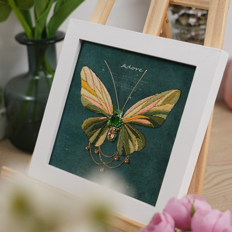 欧式立体蝴蝶刺绣手工diy材料包相框画摆台法式珠绣立早手作