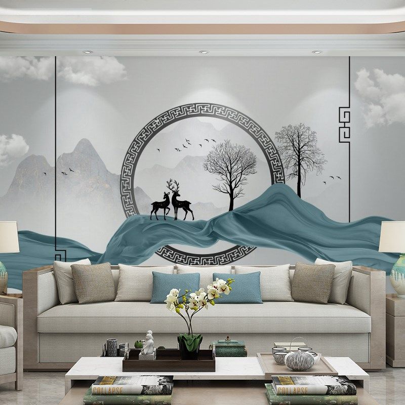 5D现代大理石电视背景墙布D客厅沙发麋鹿山水招财墙纸壁画