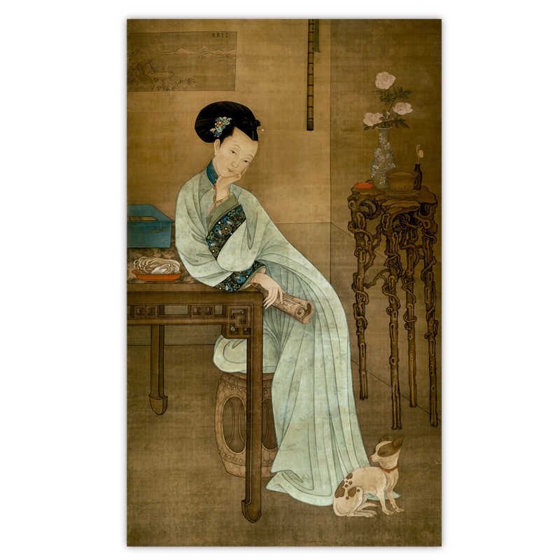 代古典国画冷枚 春闺倦读图绢本艺术微喷工笔人物装饰画挂轴