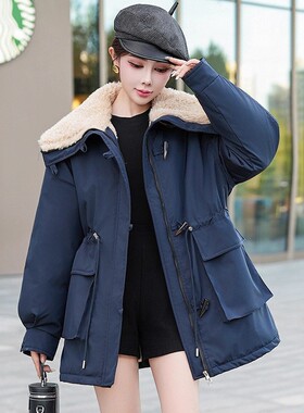 加绒派克服女冬季2025新款时尚洋气牛角扣棉衣外套小个子加厚棉袄