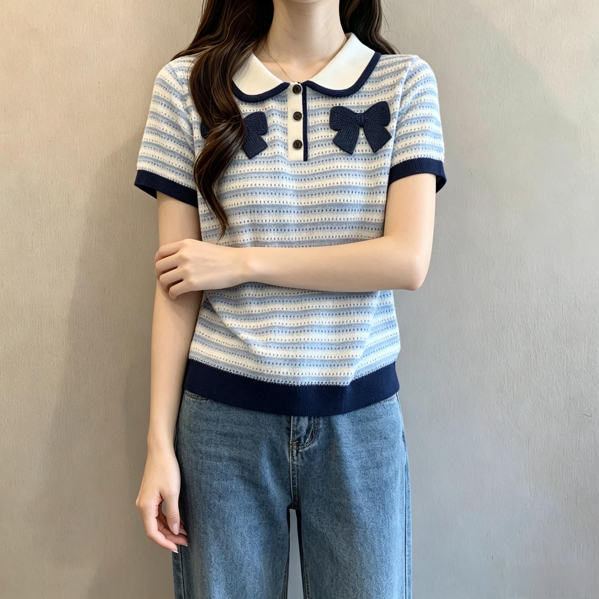大码针织蝴蝶结条纹针织衣