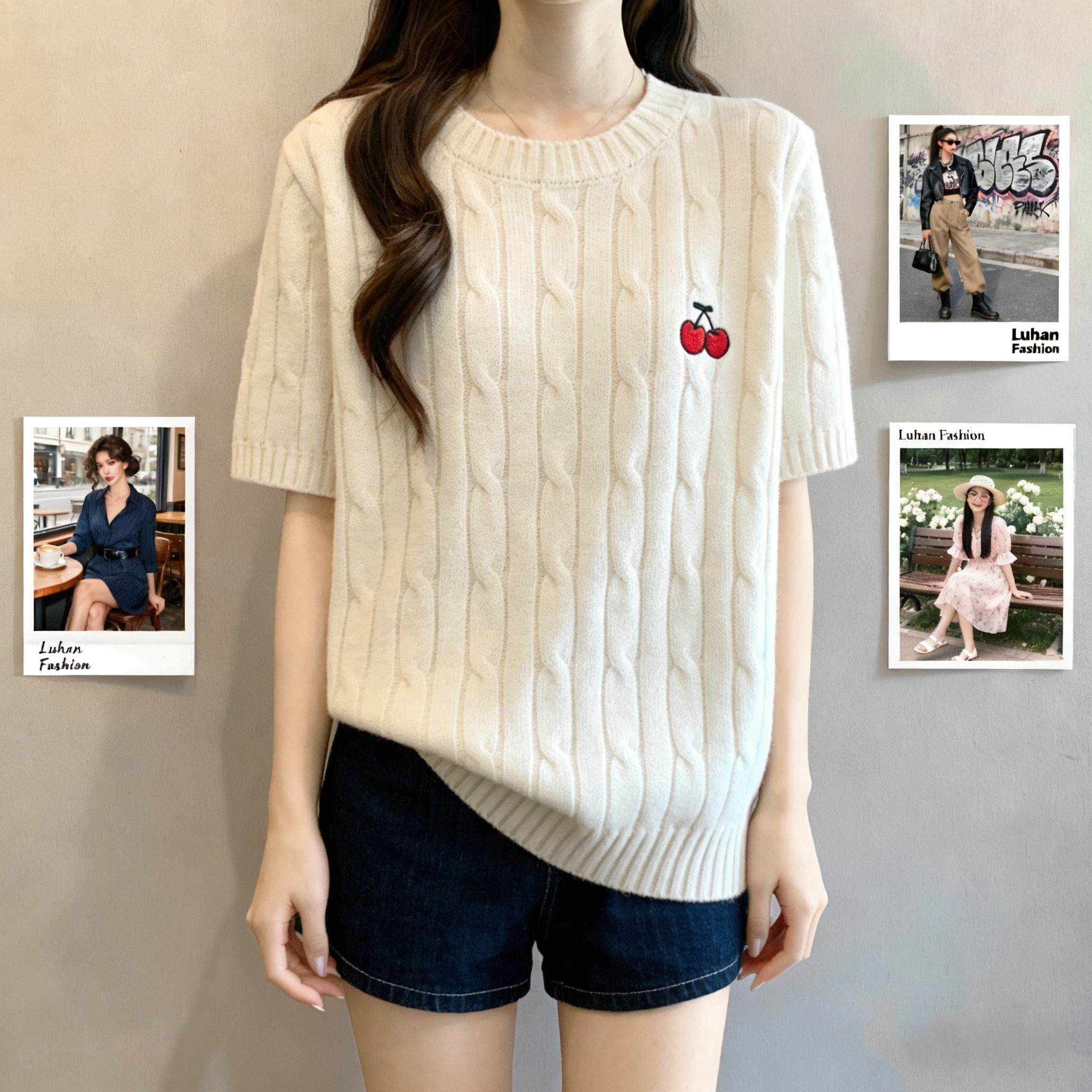 胖mm大码宽松300斤春夏薄款韩版针织衫麻花竖纹樱桃图案短袖上衣