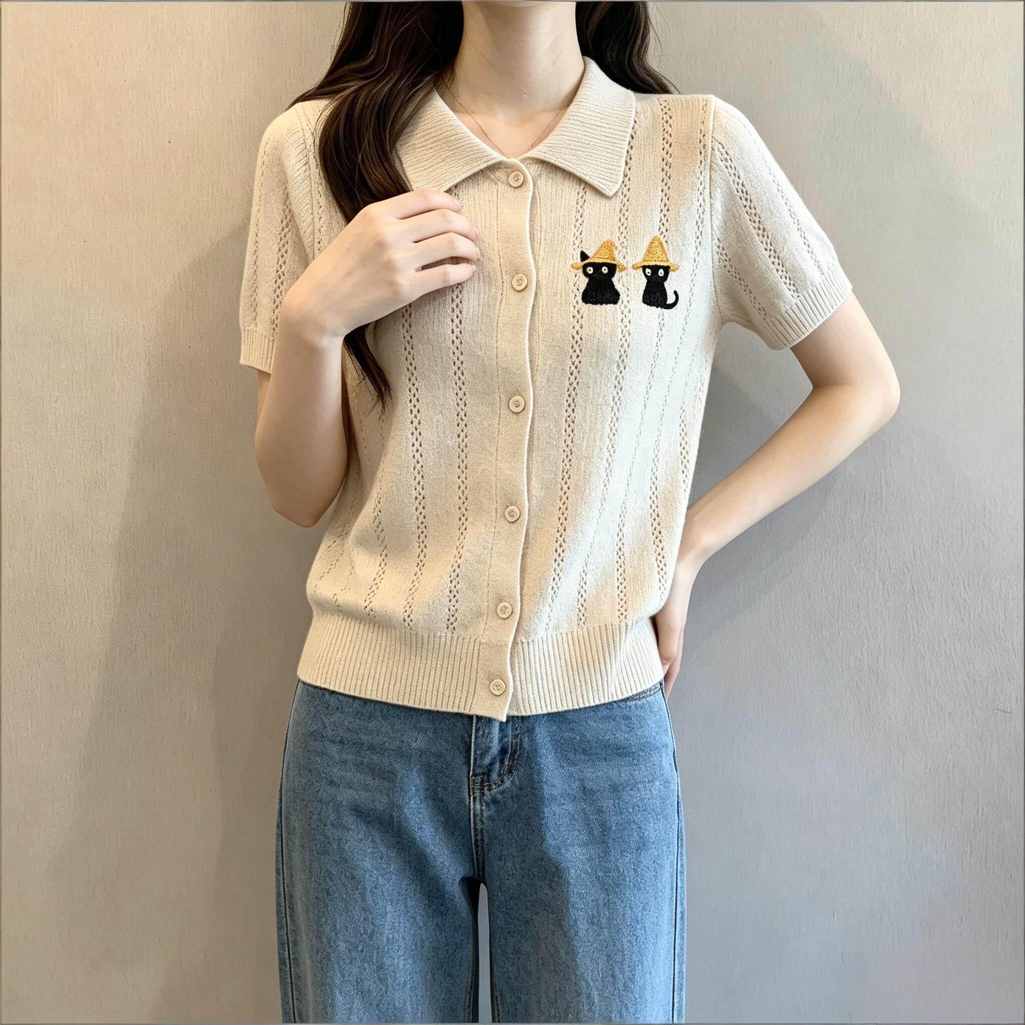 大码女装胖MM1-300斤穿搭宽松春夏薄款针织短袖上衣猫咪POLO衫