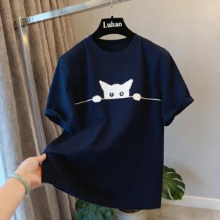 猫咪图案短袖 大码 针织衫 300斤穿搭春夏薄款 女 胖MM宽松显瘦遮肉1
