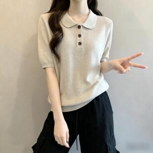 薄款 大码 300斤穿搭遮肉Polo领纽扣短袖 胖MM宽松1 春夏针织风 女装