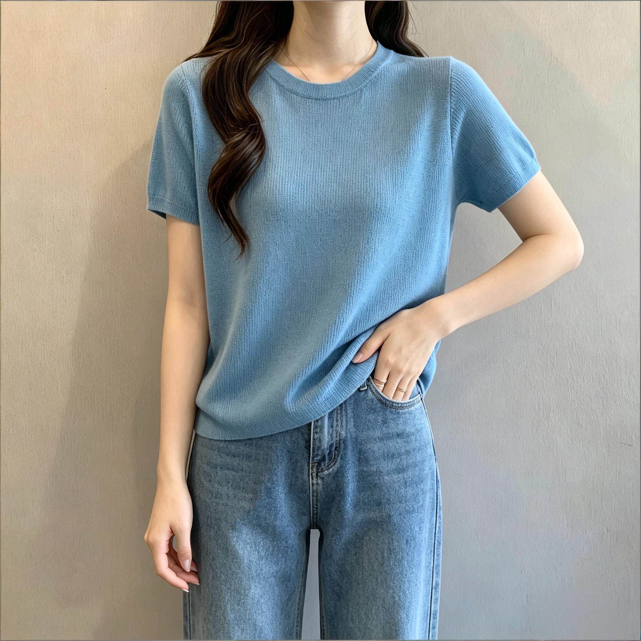 大码女装1-300斤穿搭宽松胖MM显瘦针织衫春夏薄款圆领短袖慵懒风
