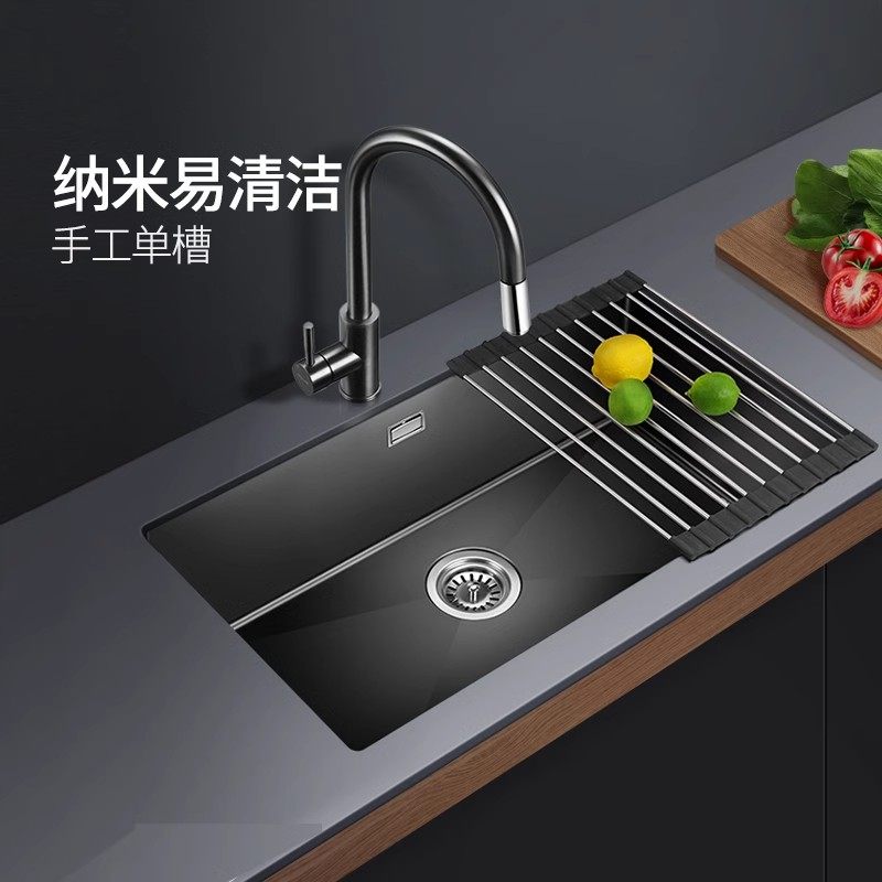 欧琳水槽纳米304不锈钢大单槽手工厨房家用洗碗槽洗菜盆黑色水池