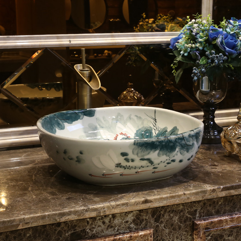 景焱复古荷花艺术台上盆卫生间陶瓷洗脸盆中式方形台盆台上洗手盆