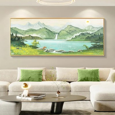 聚宝盆客厅装饰画纯手绘油画沙发背景墙聚财挂画西墙山水风景壁画