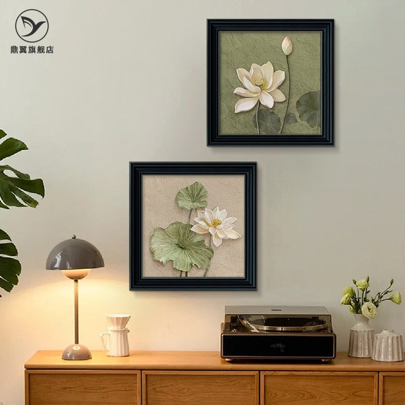 荷花中古风玄关装饰画复古油画餐厅背景墙挂画艺术组合壁画高级感图片