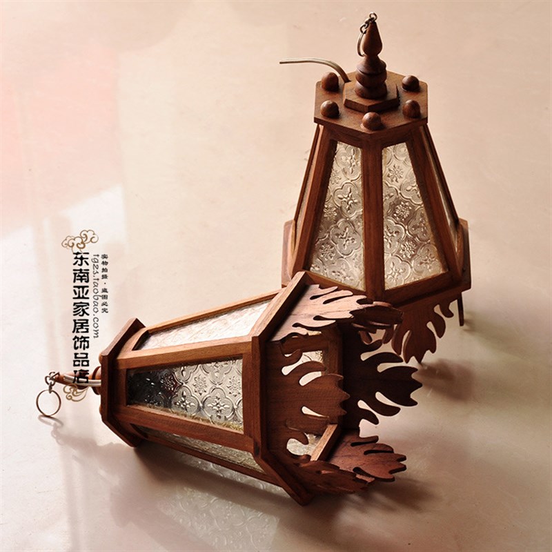 泰国工艺品柚木木雕东南亚风格灯具六边形斜柱吊灯酒店会所装饰灯