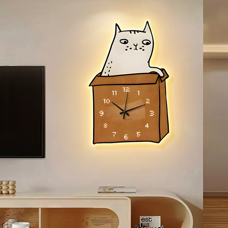 卡通纸袋猫咪钟表挂墙客厅装饰画创意时钟壁灯电视矮柜背景墙挂画