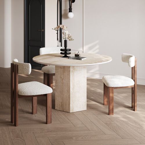 侘寂风圆形洞石岩板餐桌小户型设计师复古级感小圆桌椅