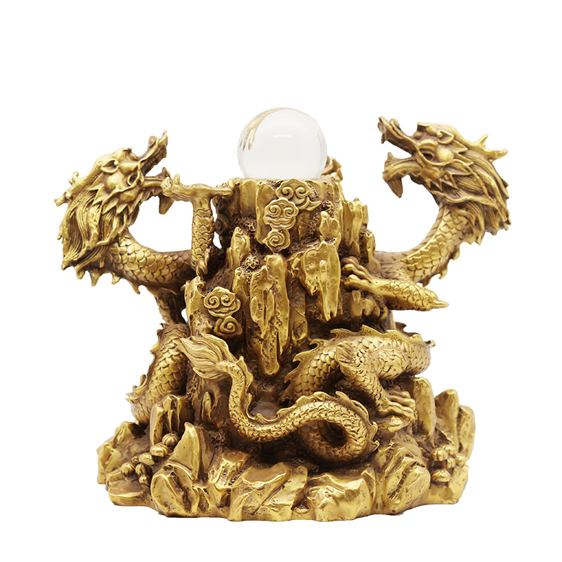 黄铜精品龙戏珠摆件 二龙戏珠 家居玄关办公室工艺铜龙摆件