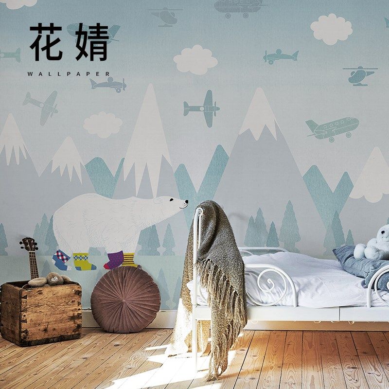 in风北极熊儿童房墙纸男孩女孩卧室房间墙布壁布床头背景墙壁纸,家装主材,定制壁画,淘宝优惠券,粉丝福利购,淘宝优惠卷