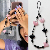 彩色桃心手链异形仿珍珠切面水晶手壳小挂绳日韩风