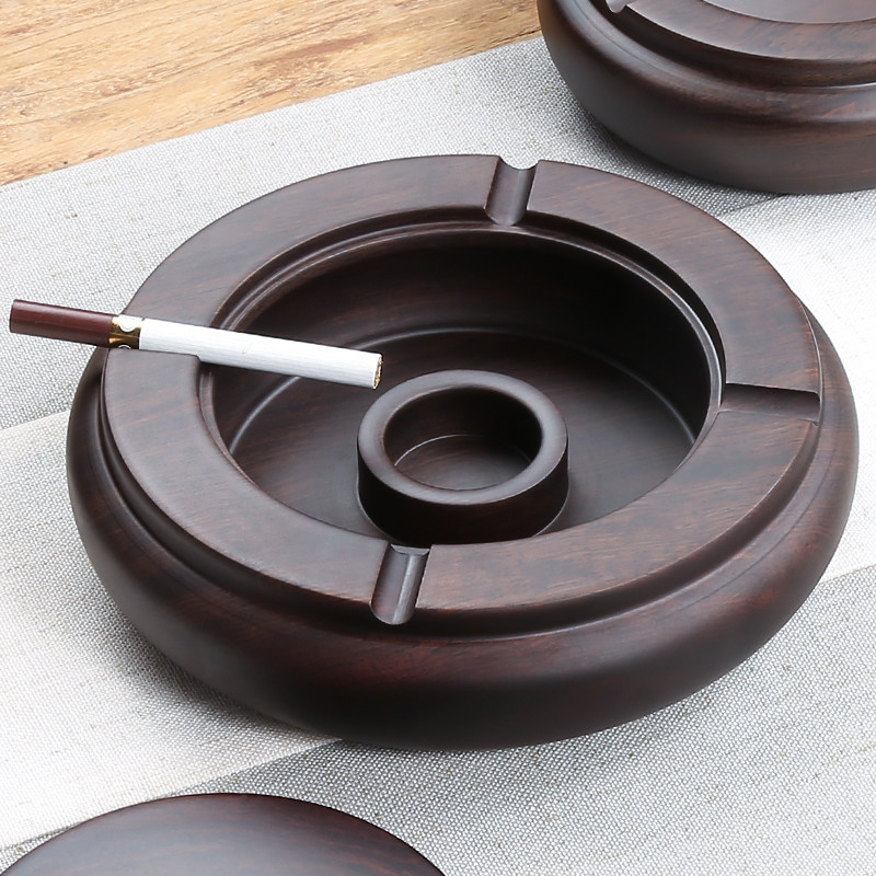 黑檀实木烟灰缸客厅家用创意个性潮流带盖防风防飞灰烟灰盅烟缸