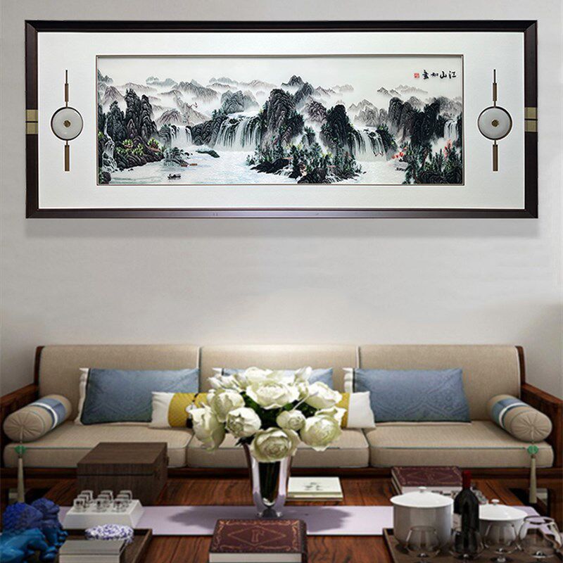 刺绣画苏绣成品办公室挂画山水风景富贵牡丹新实木客厅装饰画