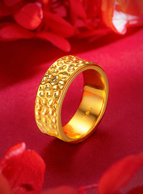 越南沙金镀24k金手工锤纹戒指 男女情侣款个性风锤纹凹凸素圈指环