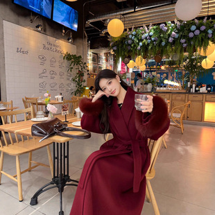 法式红色双面羊毛呢子大衣女2025秋季新款高级感收腰长款毛呢外套