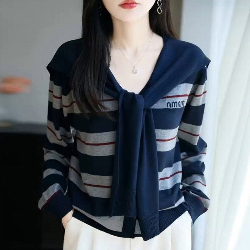 法式撞色条纹假两件披肩