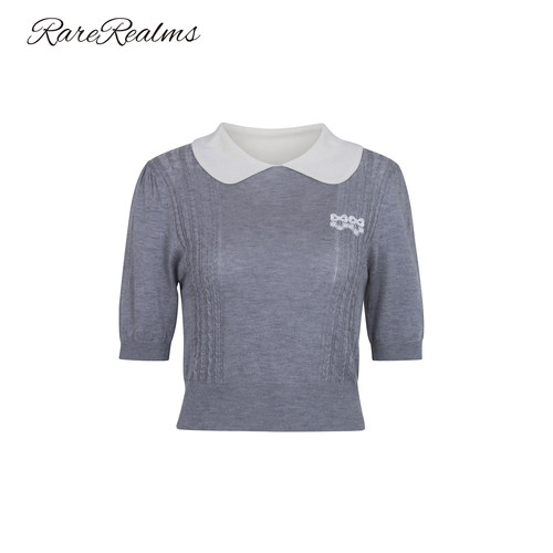 【Rarerealms】娃娃领彼得潘领真丝混纺针织Polo短袖女 灰色/白色