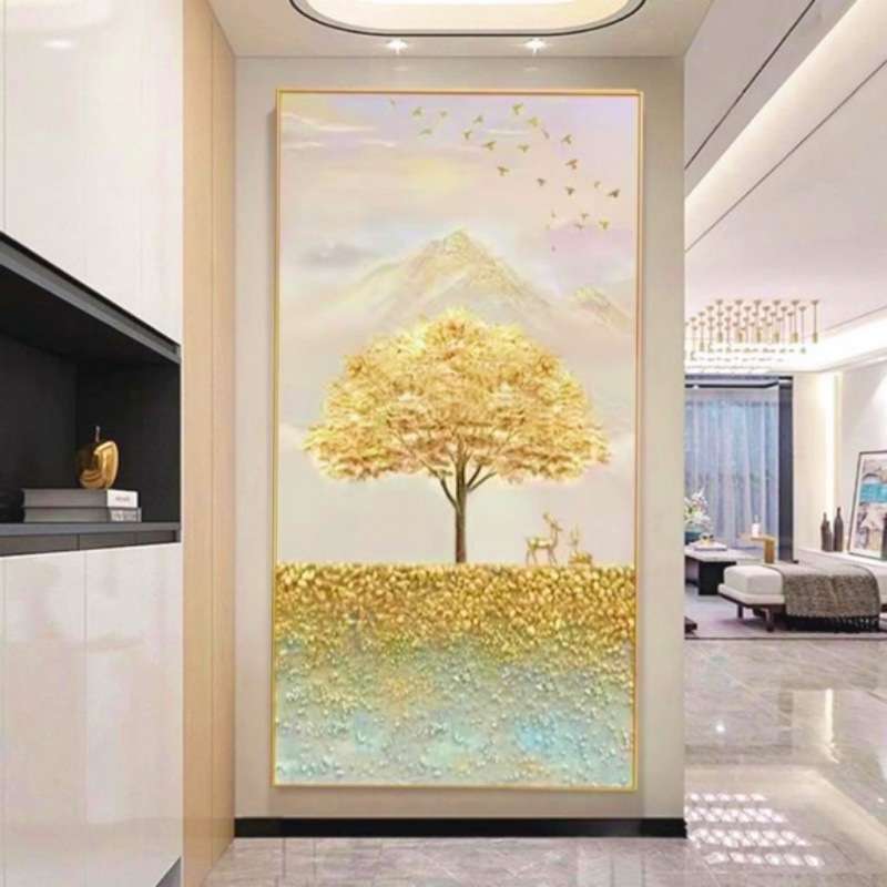 顺丰手绘油画轻奢现代入户玄关背景墙装饰画竖版发财树鹿走廊过道图片