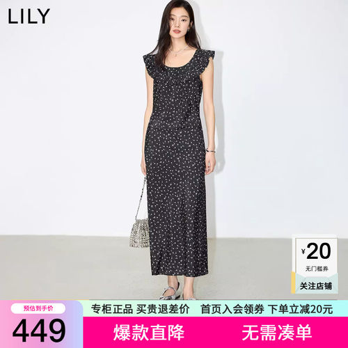 LILY2026夏新款女装复古浪漫碎花荷叶边领气质通勤黑色无袖连衣裙