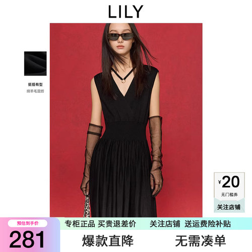 【小黑裙系列】LILY2025春新款女装含绵羊毛设计感收腰V领连衣裙
