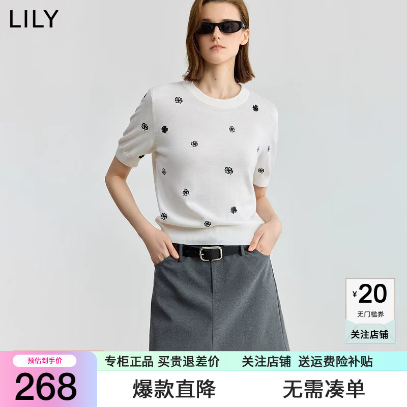 LILY2025秋新款女装含羊毛重工四叶草绣花气质通勤圆领短袖针织衫