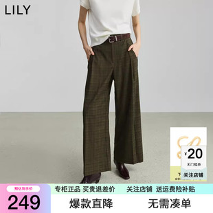 直筒阔腿裤 复古绿色格纹弹力气质通勤休闲裤 女装 LILY2025秋新款