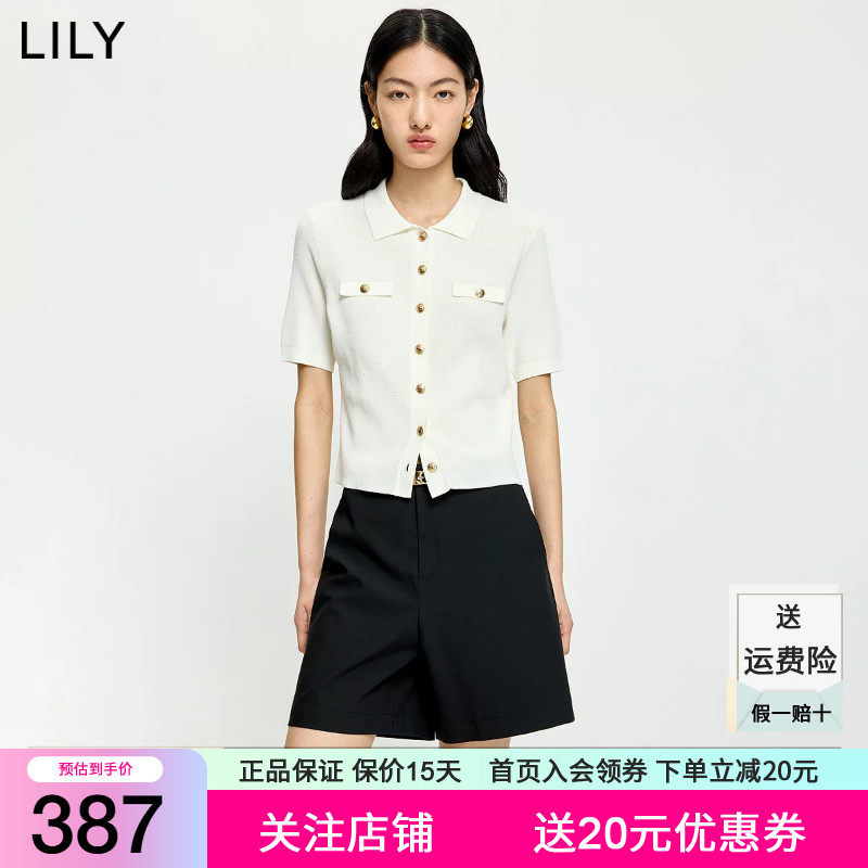LILY2026夏新款女装简约小香风正肩气质休闲通勤白色短袖针织开衫