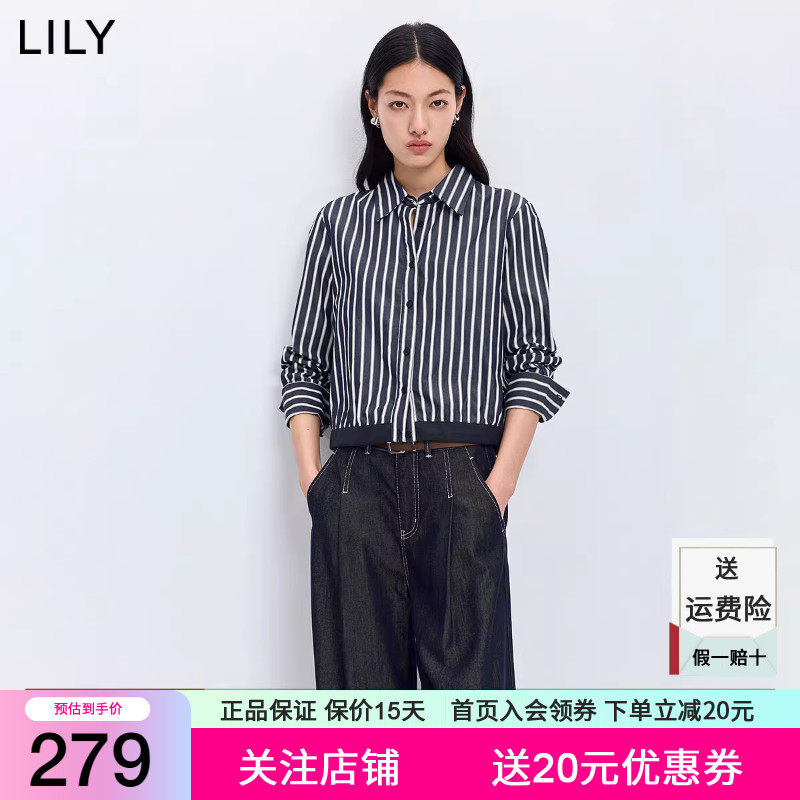 LILY2026春新款女装纯棉复古撞色条纹翻领休闲通勤藏青色衬衫外套