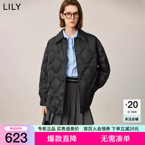 LILY2025冬新款女装经典菱格纹衬衫领90鸭绒黑色羽绒服外套中长款