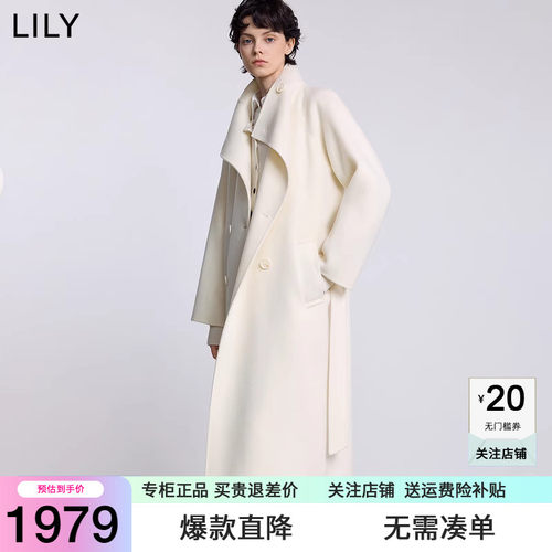 LILY毛呢外套女长款2025冬季新款双面绵羊毛呢子大衣