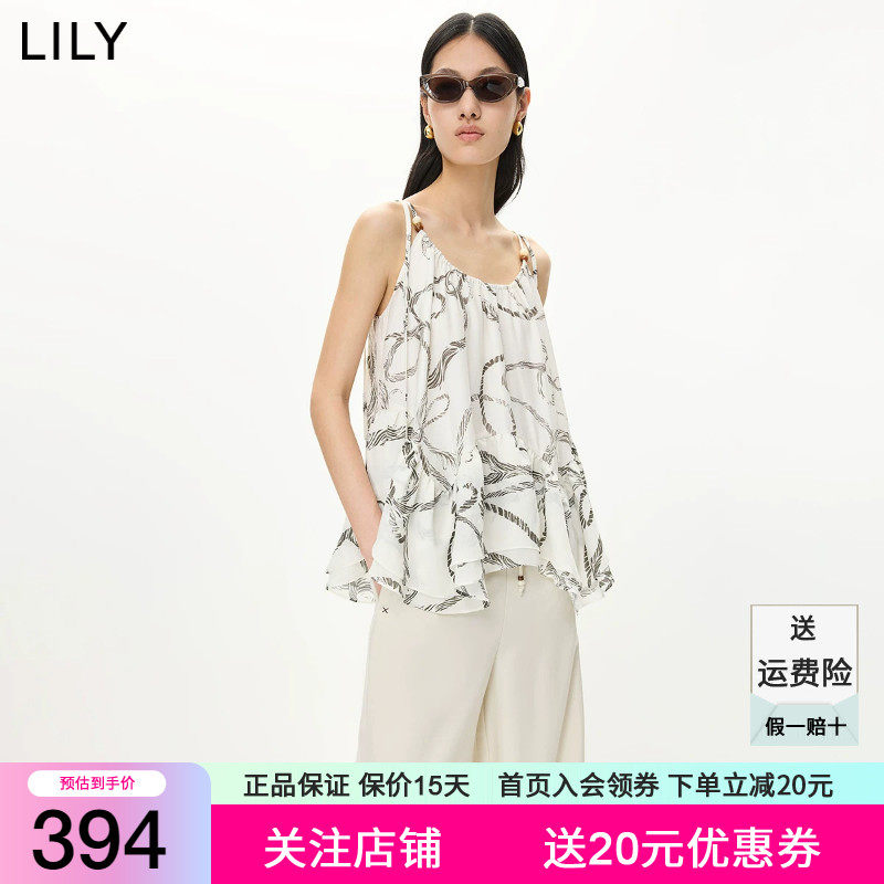 LILY2026夏新款醋酸混纺法式印花U领宽松薄款A字套头吊带雪纺衫女