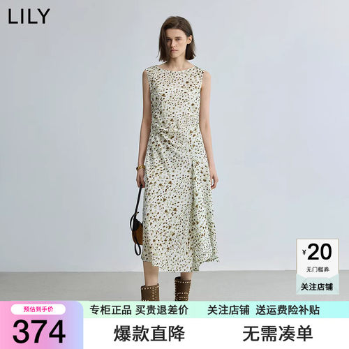 【商场同款】LILY2025秋新款女装度假风撞色收腰圆领无袖连衣裙