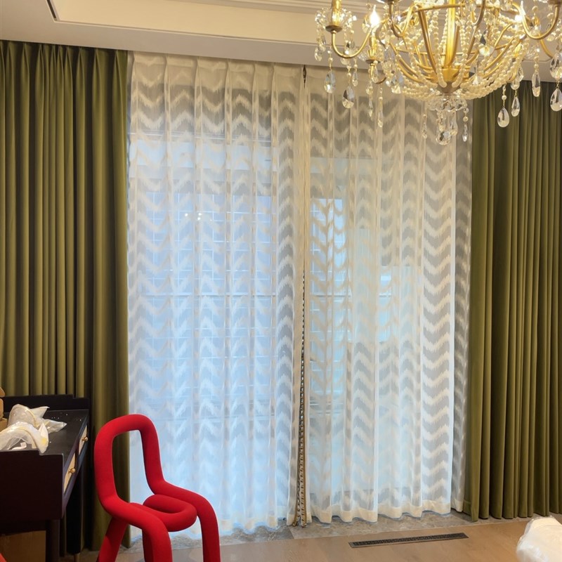 锦色艺墅武汉窗帘定制法式复古波浪纱帘橄榄绿丝绒遮光布帘