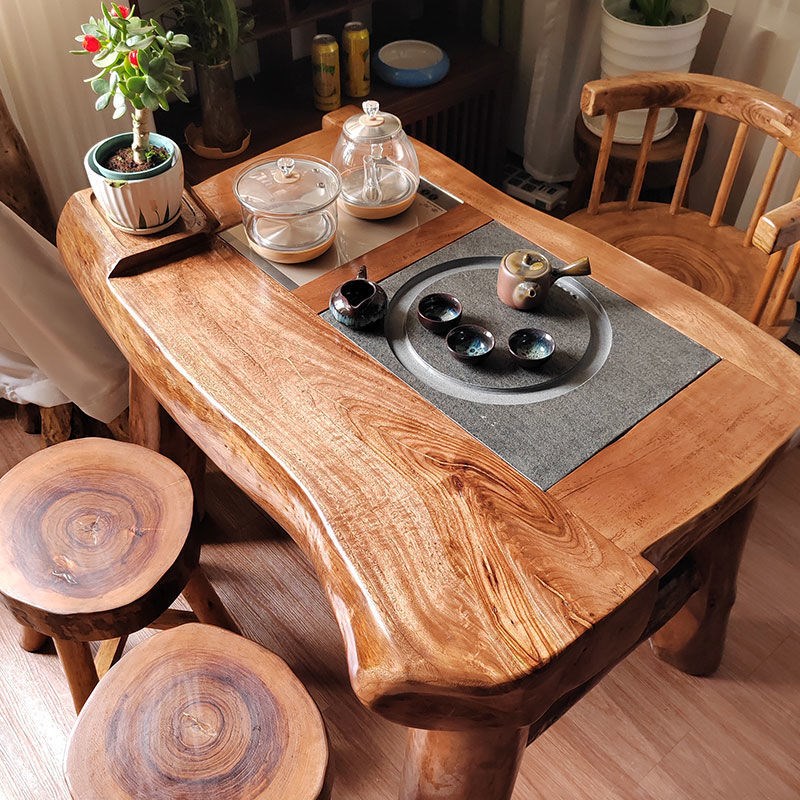 侘寂风小型家用茶桌茶台一体一整木桌椅民宿客厅复古