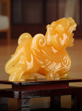 天然米黄玉貔貅一对飞天皮丘玉石聚宝盆玄关店铺家居貔恘摆设