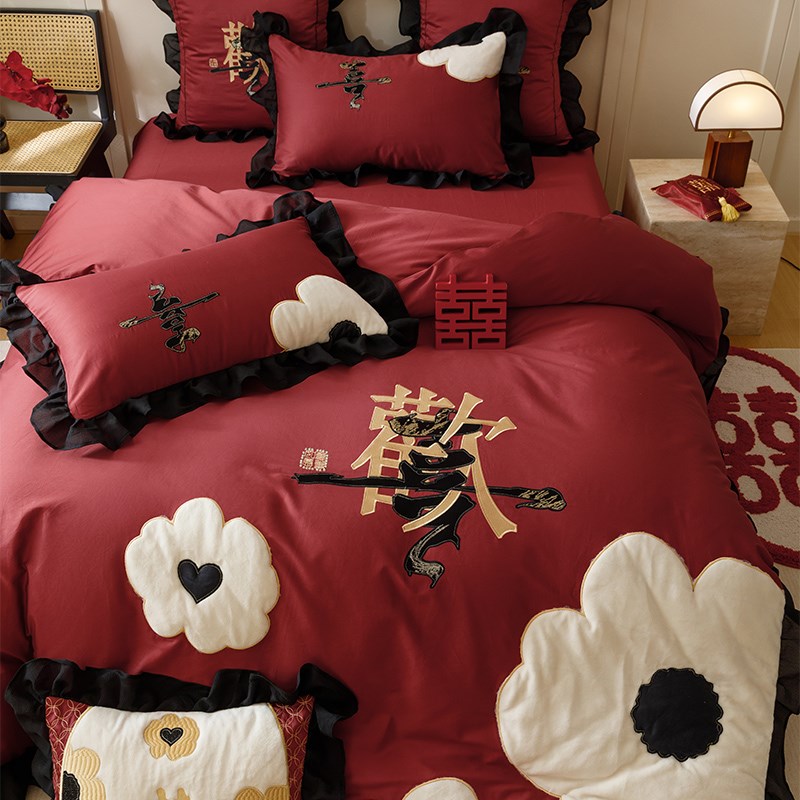 大花欢喜刺绣婚庆四件全棉100支花边被红色结婚床单1.8床笠