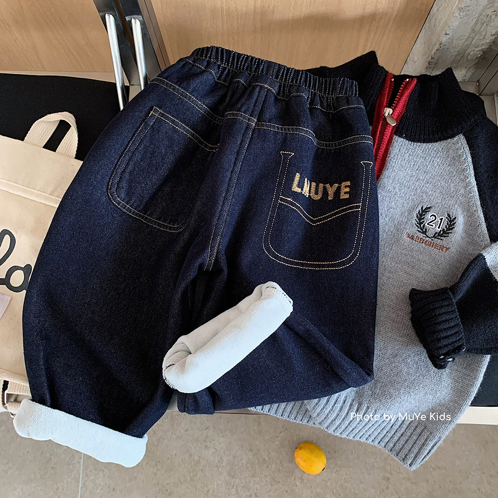 儿童加绒牛仔裤童装男童韩版百搭刺绣长裤加厚休闲裤
