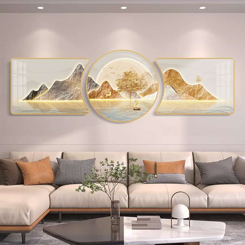 客厅装饰画大气发财树福禄三联挂画简约轻奢现代沙发背景墙面壁画图片