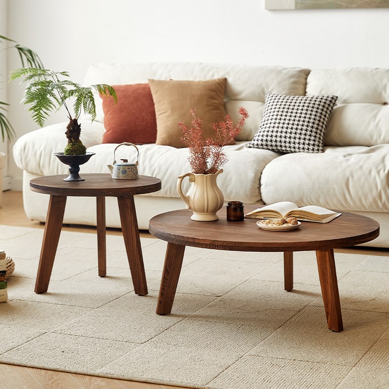 实木圆形茶几矮几老松木客厅圆桌围炉桌落地矮桌子小户型茶几组合