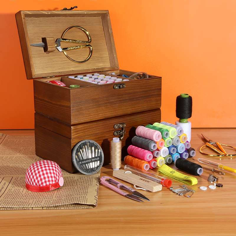 家用实木针线盒装便携式多功能针线包学生宿舍缝衣针线工具