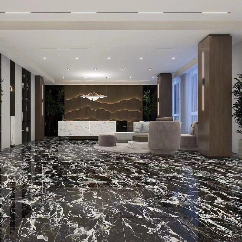 深色瓷砖x柔光黑色奢石客厅KT酒店背景墙通体大理石地砖