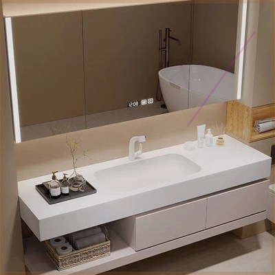 奶油风丽耐一体盆岩板无缝浴室柜洗漱台卫生间洗手洗脸盆柜