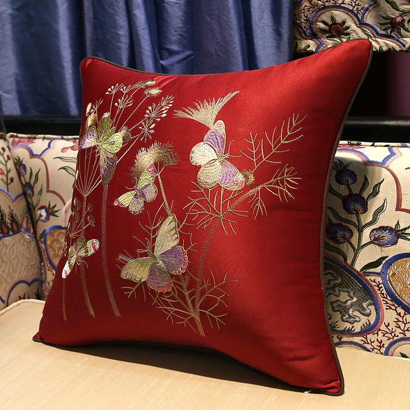 中式刺绣抱枕现代沙发靠垫蝴蝶绣花靠枕床上靠包含芯定制