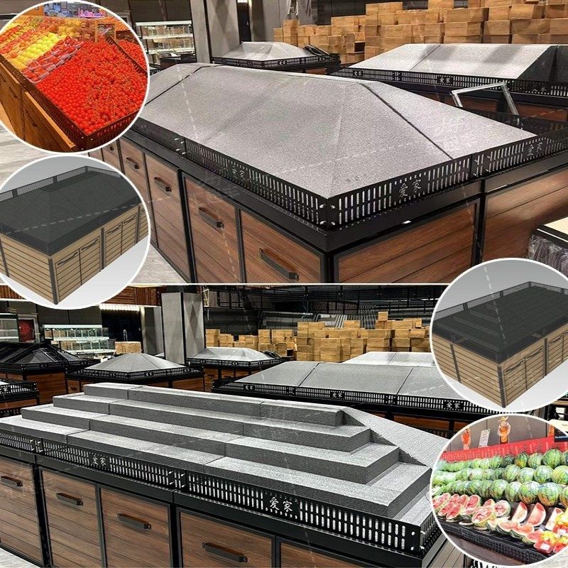 超市生鲜水果蔬菜陈列纸箱美陈道具展示货架生鲜堆头假底藤筐木盒