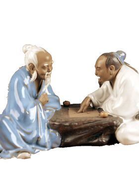石湾公仔 陶瓷中式客厅电视柜玄关假山盆景人物雕塑 围棋对弈
